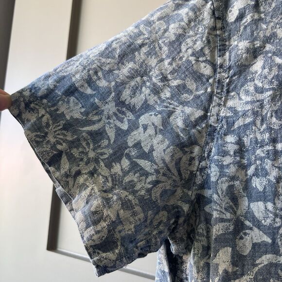 Banana Republic Linen Button Up Shirt Men Sz L Blue Chambray Floral Short Sleeve - Picture 5 of 11